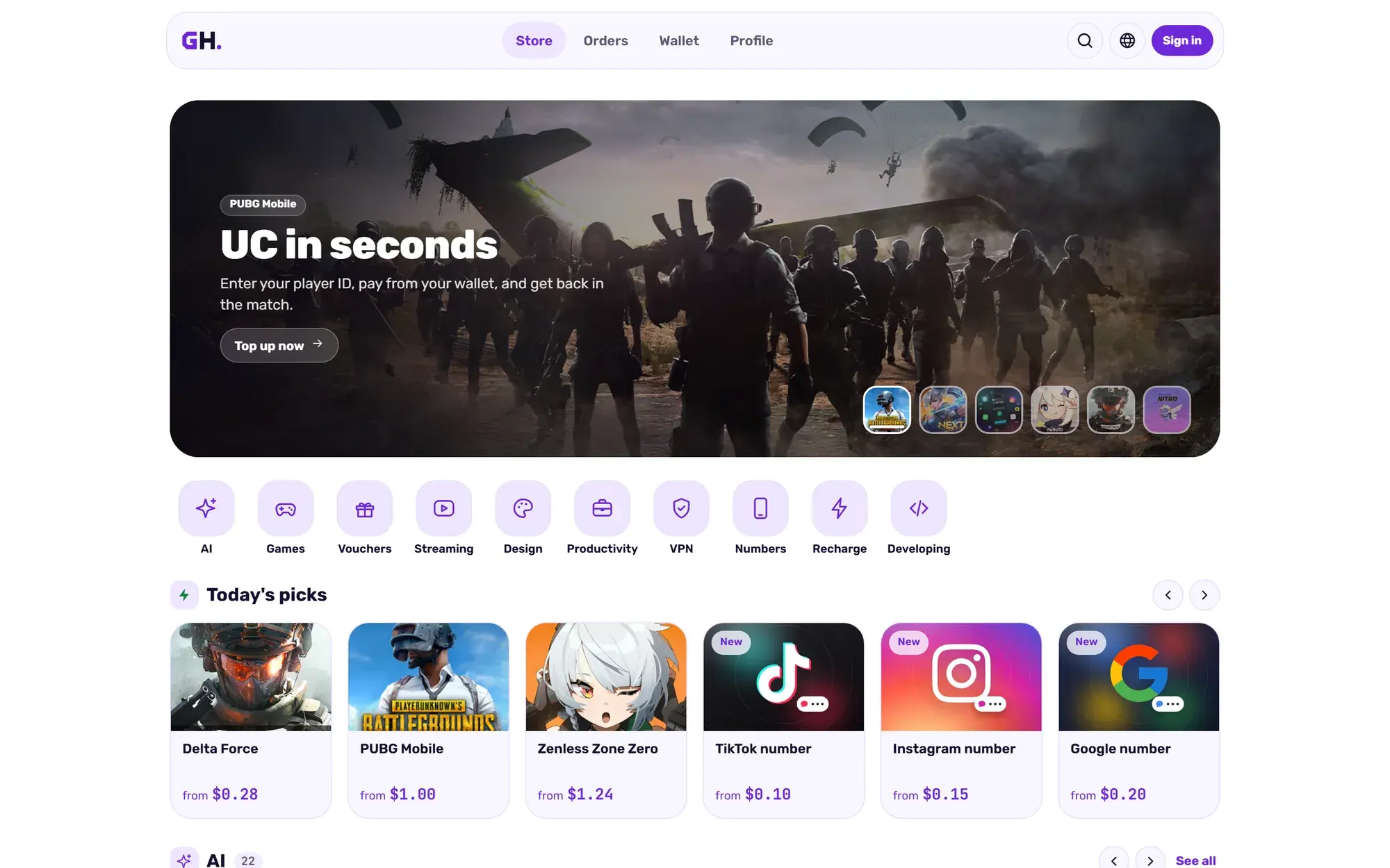 GH Store's home page in a desktop browser